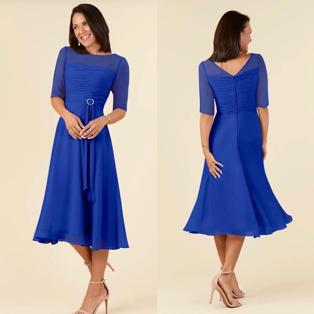 NWT LanTing Bridal Royal Blue A-line Boatneck Okeated Chiffon Dress, 6